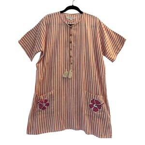 Emerson Fry India Collection Dress Stripe Hibiscus Tassel Tunic Dress OS